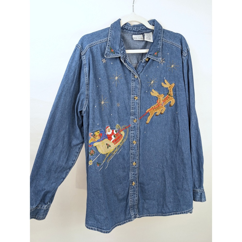 Vintage 90s Christmas Embroidered Denim Shirt Sz XL Santa Reindeer Sleigh Button